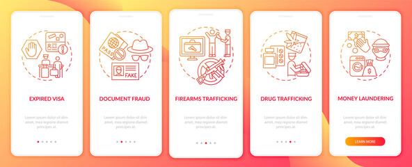 Reasons for deportation red onboarding mobile app page screen. Legislation walkthrough 5 steps graphic instructions with concepts. UI, UX, GUI vector template with linear color illustrations