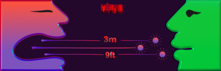 An infected person tries to infect a healthy person by sneezing with a flying virus. Dangerous range of propagation and the inscription Virus.