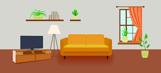 Vector Living Room Background, Interior Cartoon Illustration, Background Template, Yellow Sofa, Orange Curtains, TV set, Window and Chair, Warm Cozy Room.
