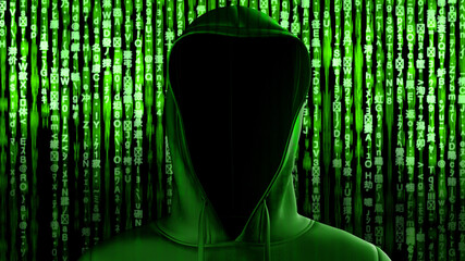 Anonymous hacker with black hoodie in shadow under matrix code background with the green digital symbols. Dangerous criminal concept image. 3D CG. 3D illustration. 3D high quality rendering.
