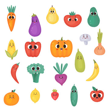 vector set clipart vegetables, fruits with cute kawaii face and big eyes.isolated