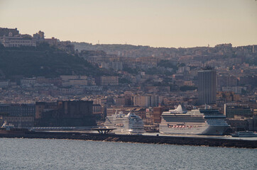 Small luxury modern cruiseship or cruise ship liner Riviera Marina in Port of Naples, Italy with...