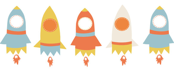 Spaceship rocket seamless vector border. Rocket ship repeating background. Cute childish scieince illustration banner. Explorer kids design for footer, header, fabric trim, card decor.