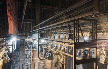 Technical equipment at the backstage of theater. Stage spot lighting rigging structure for a live musical theater events
