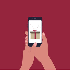 hand holding smartphone. Phone in hand.The concept of online manual payment. Vector illustration. red