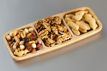 Mixed nuts in a bamboo plate. Healthy food concept.