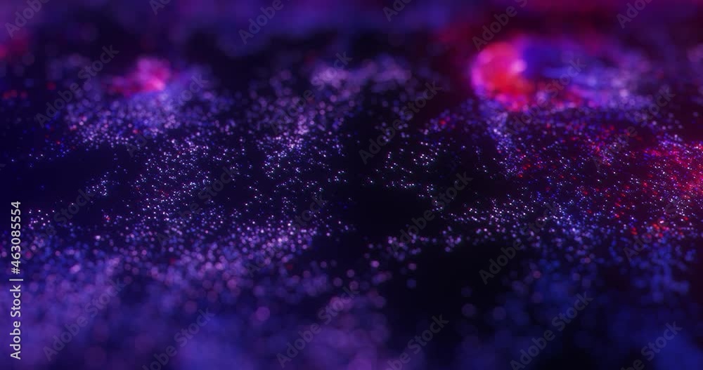Poster abstract motion of neon purple and red particles with bokeh. seamless 4k loop particle animation