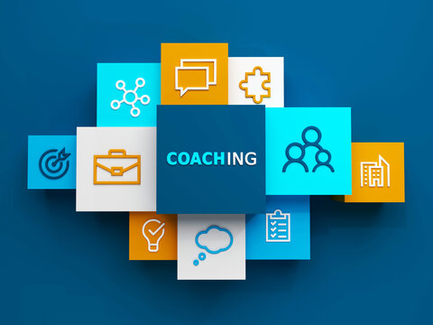 Top view of 3D render of COACHING business concept with symbols on colorful cubes on dark blue background