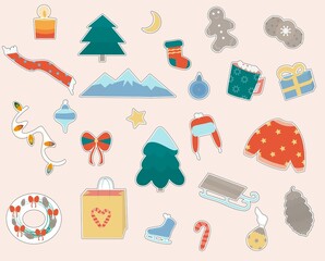 Fototapeta na wymiar stickers on the theme of Christmas. set of New Year's drawings. stickers, pattern, cover