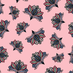 Fototapeta premium Floral damask boho elements seamless repeat pattern. Random placed, vector ethno paisley all over surface print on pink background.