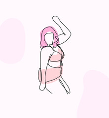 Happy body positive girl in lingerie. Abstract one line illustration