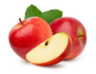 red-apple fruit and slices with leaves isolated on white background, fresh red apple, cut out.