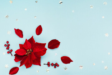 Christmas holiday card - Xmas red flower poinsettia, silver snowflakes, acorns on blue paper background.