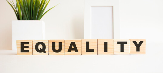 Wooden cubes with letters on a white table. The word is EQUALITY. White background.