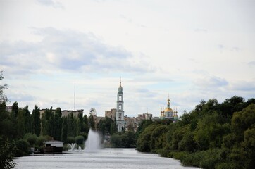 Russia, Tambov. Landscape along the Tsna River with the Transfiguration Cathedral in the distance.