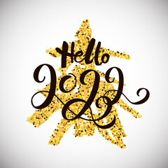 Hello 2022 with golden confetti christmas tree. Handwritten lettering for Happy New Year and Merry Christmas greeting cards. Vector illustration