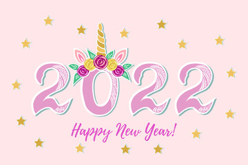 2022 with Unicorn Tiara for Happy New Year poster, party invitation, postcard motive, Merry Christmas card. Vector illustration.