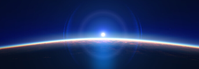 Fototapeta premium Earth sunrise from space over cloudy ocean. 3d rendering