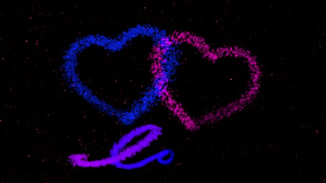 Animation of the appearance of two loving hearts with the inscription love from the stardust of a comet in a dark sparkling starry sky. The blue and purple hearts are united in love. valentine's day.