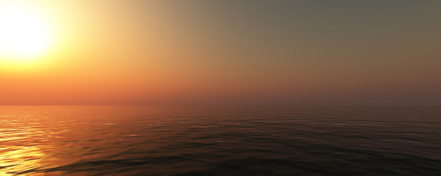 sunset sea sun ray clear sky. 3d rendering