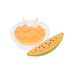 illustration of a piece of papaya and pieces of papaya that are put in a bowl. tropical fruit. The fruit comes from Mexico. fruit and food. flat cartoon style. vector design