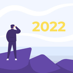 Obraz premium illustration of a businessman standing on the edge of a cliff and seeing a business opportunity in 2022. visionary, leader, business opportunity, strategy and planning. new year 2022. flat cartoon