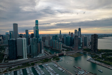Chicago Downtown Aerial View Sunset