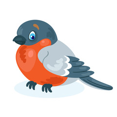 Funny little bullfinch. In cartoon style. Isolated on white background. Vector flat illustration. 