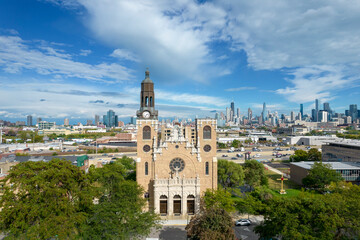 Fototapeta na wymiar Aerial View of Church and Chicago Skyline