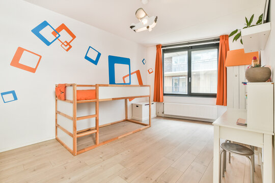Children bedroom interior with furniture on parquet at home
