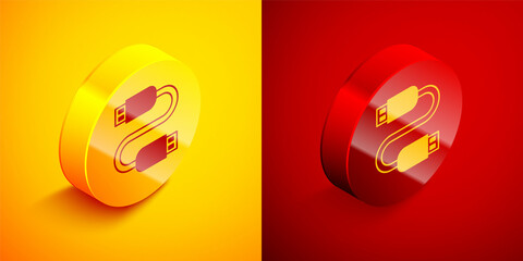 Isometric USB cable cord icon isolated on orange and red background. Connectors and sockets for PC and mobile devices. Circle button. Vector