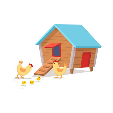  Chicken coop with chickens, hen house cartoon vector illustration.