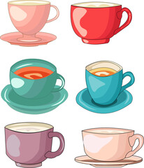 Vector isolated set with colored decorative cups for coffee, tea, red, pink, green, blue, purple
