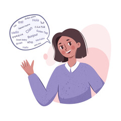 young woman say hello different languages. isolated. vector illustration for language school.