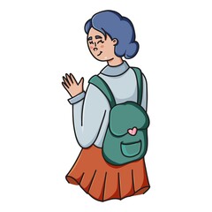 School Girl with backpack waving hand. Trendy teenager vector
