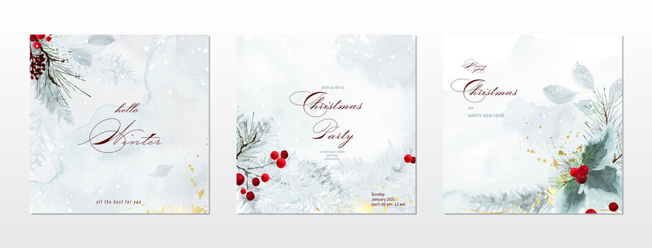 Merry Christmas and winter square cards watercolor collection