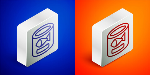 Isometric line Canned fish icon isolated on blue and orange background. Silver square button. Vector