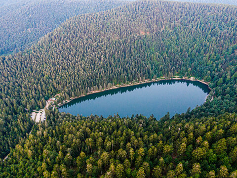 Aerial view of the Lac des corbeaux surrounded by forest, Voges, La Bresse, Lake Crows