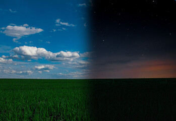 sky and grass, field in the middle of the day and night