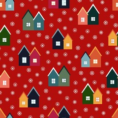 Colorful houses and snowflakes. New Years design of fabric, packaging, gift paper. Seamless pattern.