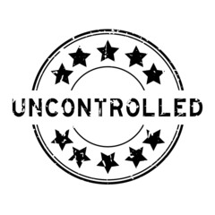 Grunge black uncontrolled word with star icon round rubber seal stamp on white background