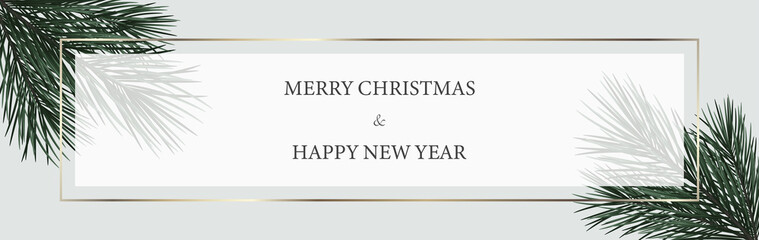 Merry Christmas and Happy New Year banner. Festive vector background with spruce branches and golden frame