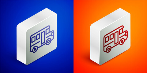 Isometric line School Bus icon isolated on blue and orange background. Public transportation symbol. Silver square button. Vector