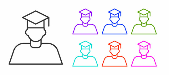 Black line Graduate and graduation cap icon isolated on white background. Set icons colorful. Vector