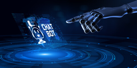 Chatbot chat bot customer service automation. Robotic hand pressing button 3d render.