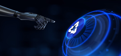 Recycle zero waste ecology saving technology concept. Robotic hand pressing button 3d render.