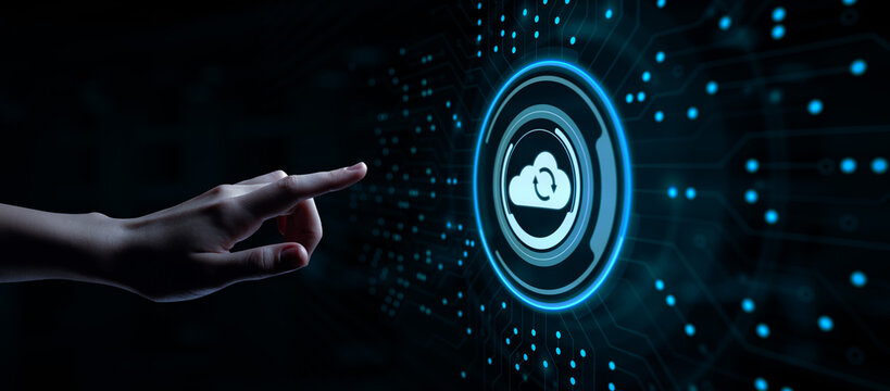 Cloud technology concept. Computing data storage. Software infrastructure. Hand pressing button.
