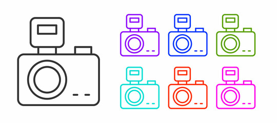 Black line Photo camera with lighting flash icon isolated on white background. Foto camera. Digital photography. Set icons colorful. Vector