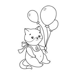 Сute kitten with balloons. Illustration for coloring page. Color book for kids.