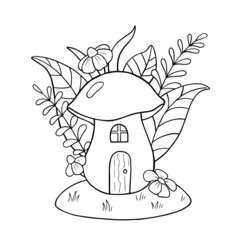 Cute mushroom with leaves and flowers. Illustration on a white isolated background. For coloring book pages.